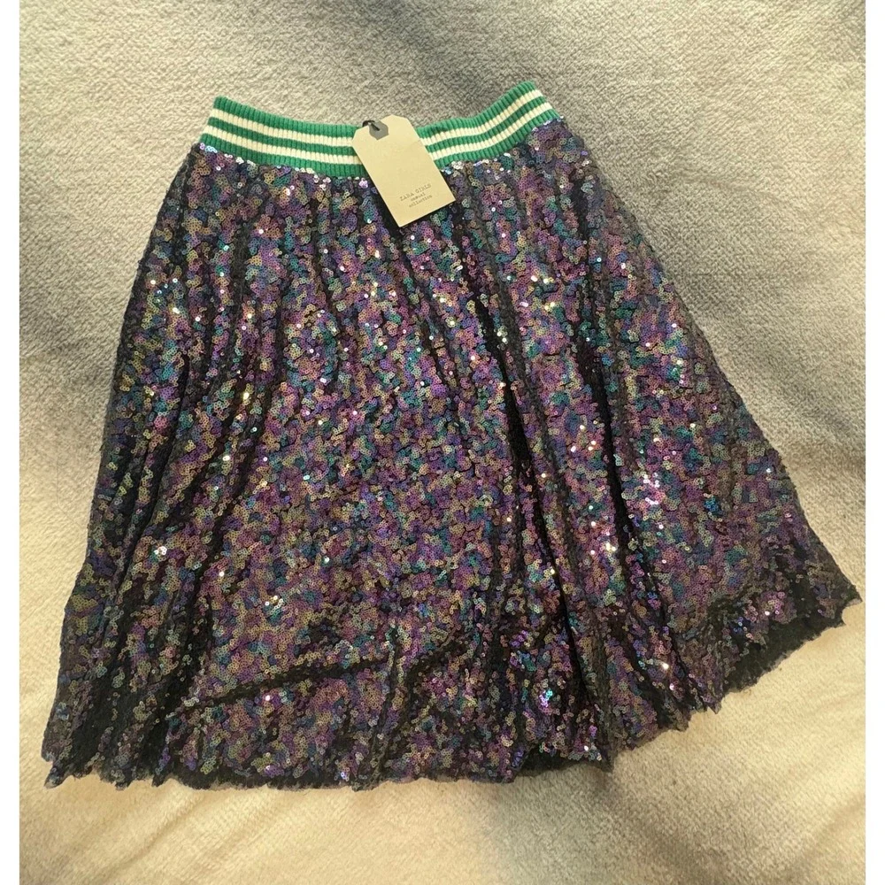 (CL) Zara Girls Sequin Skirt Iridescent Green Striped Waistband‎ Size 13-14 NWT